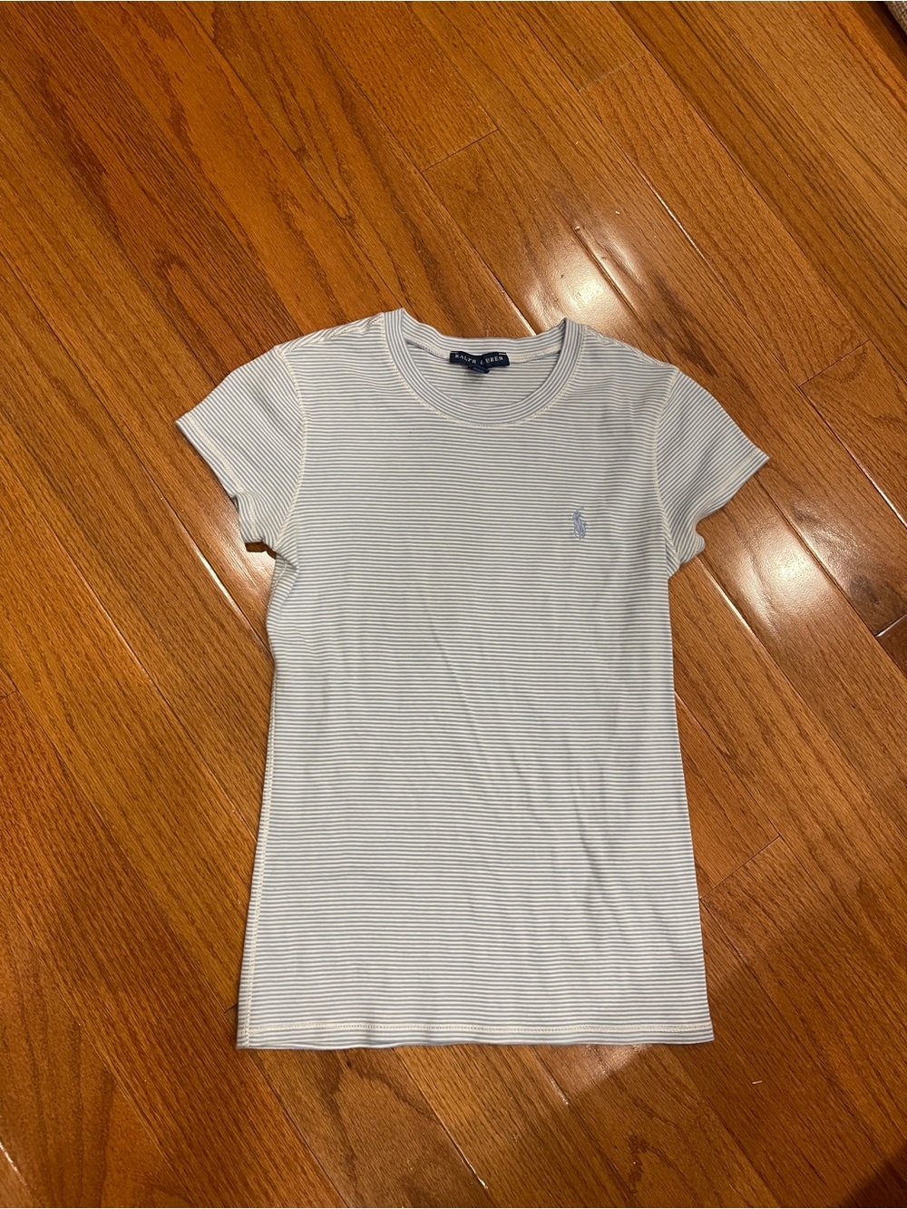Ralph Lauren White Light Blue Striped Fitted T-Shirt Women's Size Medium